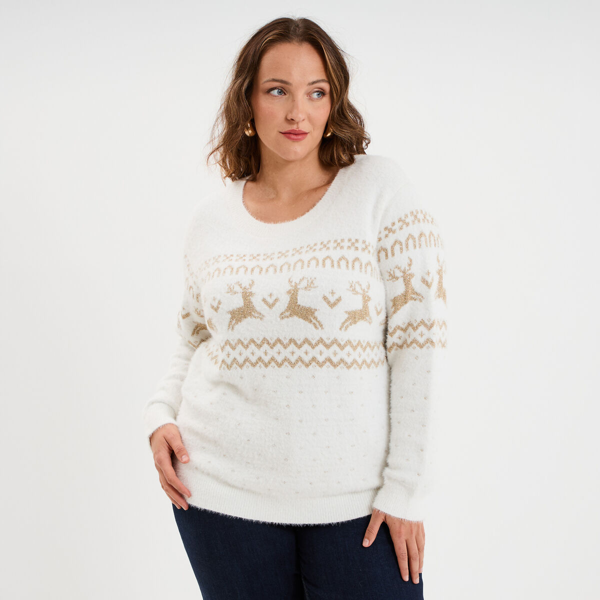 Pull de No&euml;l manches longues ivoire femme grande taille