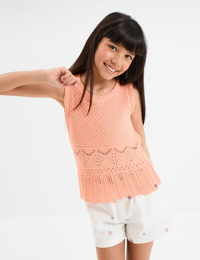 Débardeur tricot ajouré coton rose saumon fille