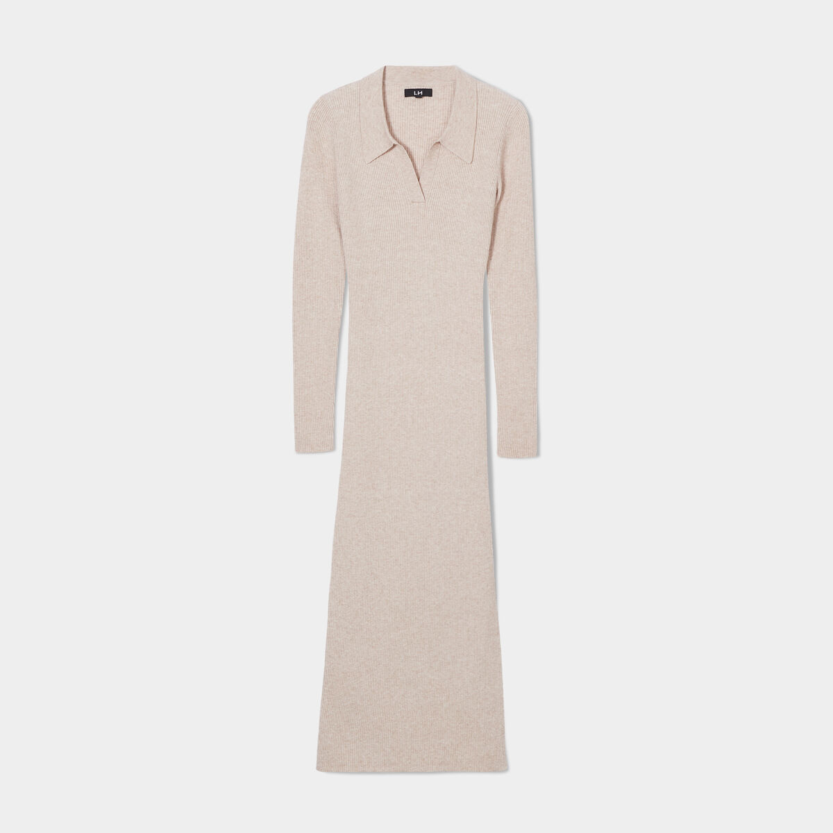 Robe pull midi côtelée avec col polo beige femme