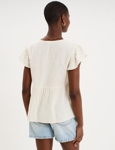 Blouse brod&eacute;e manches volants coton creme femme