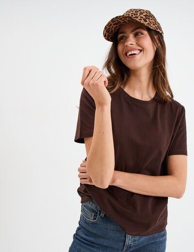 T-shirt col rond manches courtes coton marron foncé femme