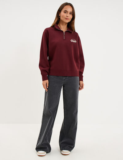 Sweat col camionneur zipp&eacute; violet fonc&eacute; femme