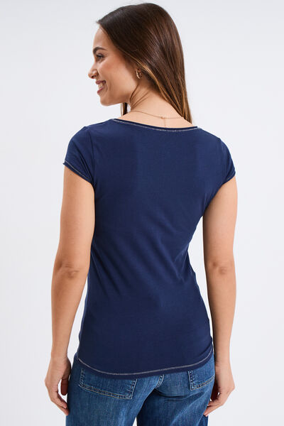 T-shirt col V ajust&eacute; manches courtes bleu marine femme