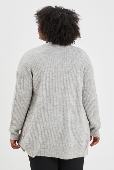 Gilet long côtelé col châle gris femme grande taille