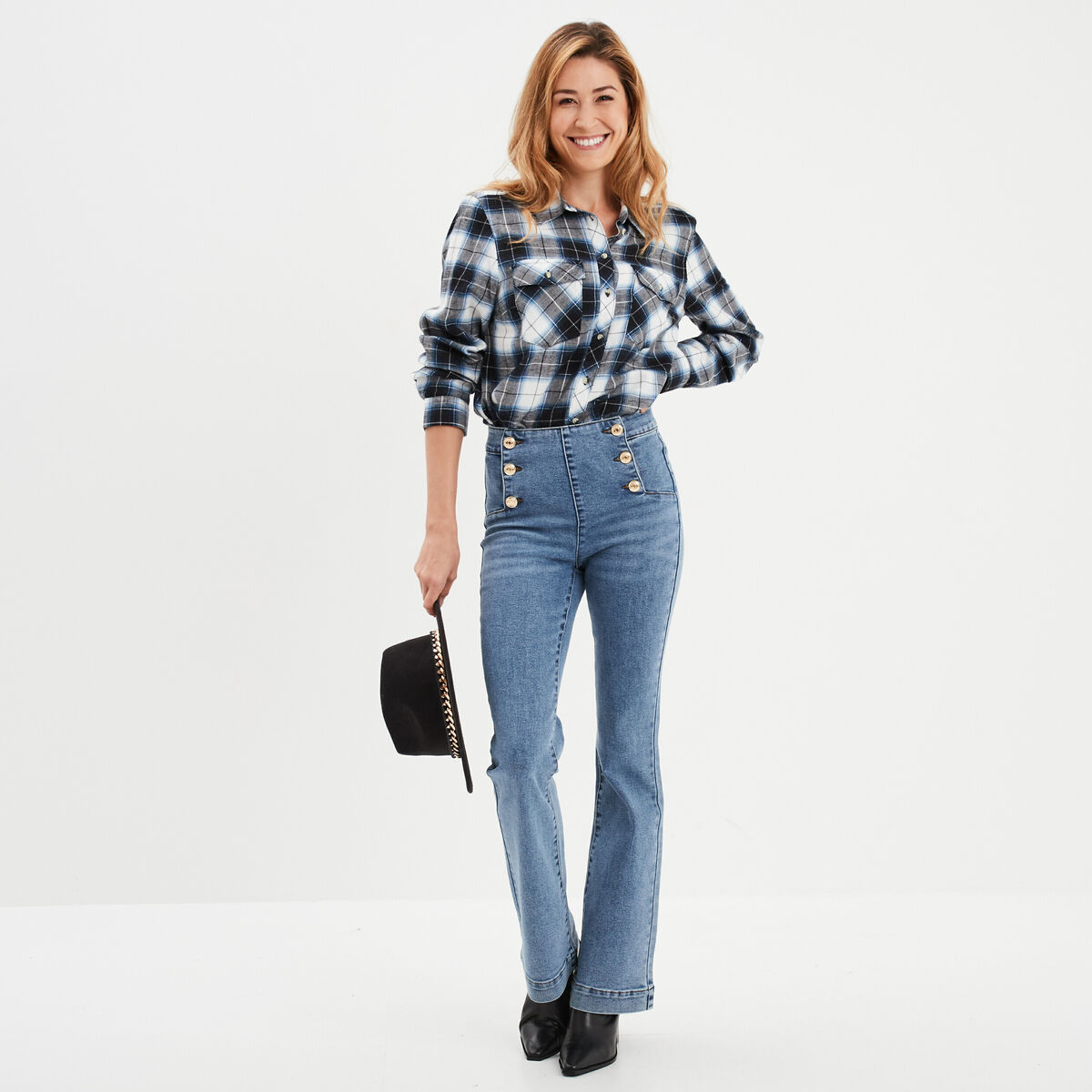 Jeans taille haute flare &agrave; ponts denim double stone femme