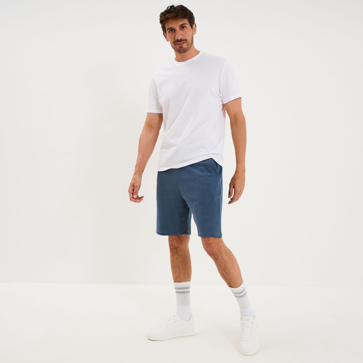 Bermuda chino textur&eacute; coupe droite coton bleu gris homme