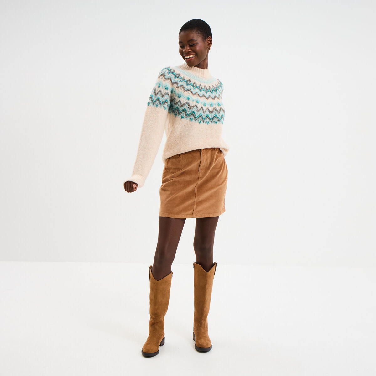Jupe effet velours courte beige femme