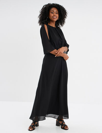 Robe midi manches 3/4 fendues noir femme