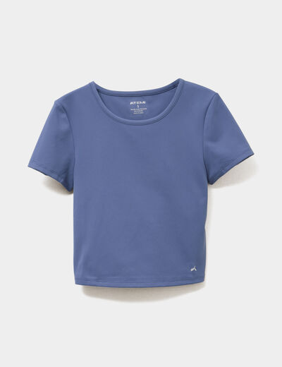 T-shirt de sport court ajust&eacute; bleu fonc&eacute; femme