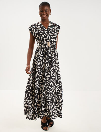 Robe longue cintr&eacute;e ceinture smock&eacute;e noir femme