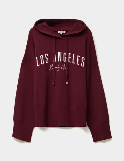 Pull à capuche manches longues bordeaux femme