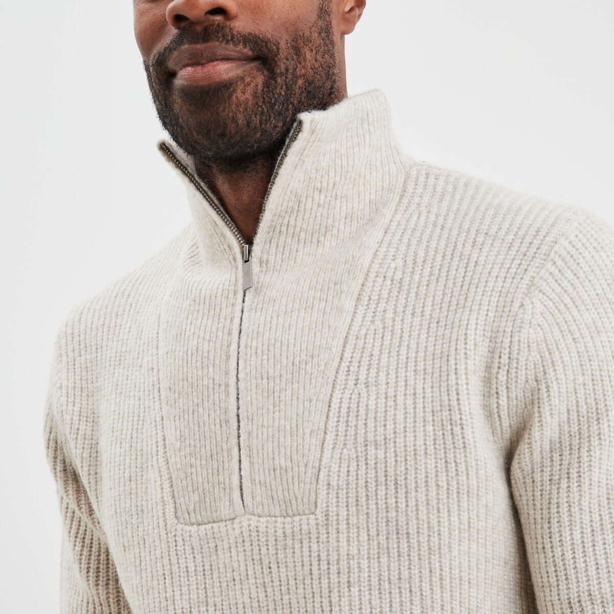 Pull avec col camionneur c&ocirc;tel&eacute; beige homme