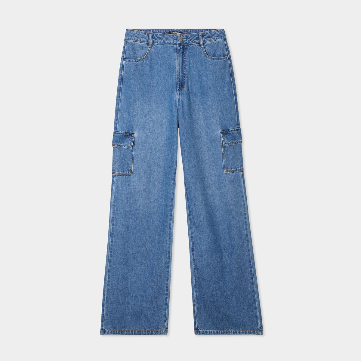 Jeans cargo large coton denim stone femme