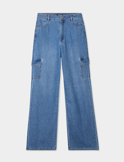 Jeans cargo large coton denim stone femme