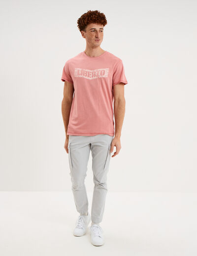 T-shirt manches courtes coton d&eacute;lav&eacute; vieux rose homme