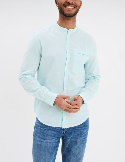 Chemise col mao lin mélangé bleu turquoise homme