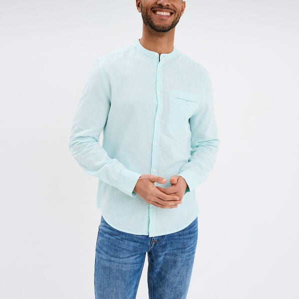 chemise col mao lin melange bleu turquoise homme Chemise col mao lin mélangé bleu turquoise homme