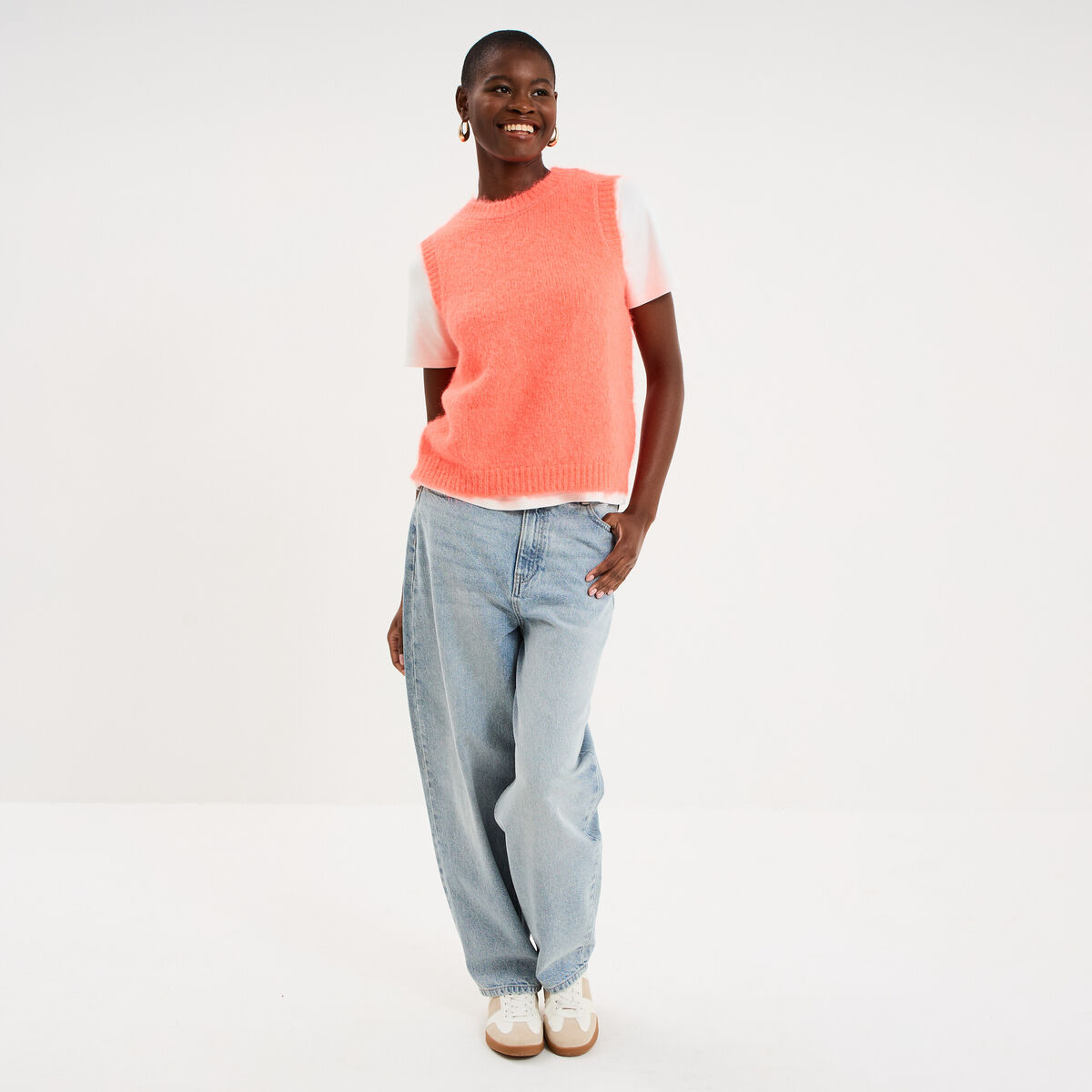 Pull sans manches col rond rose fluo femme