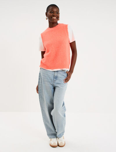Pull sans manches col rond rose fluo femme