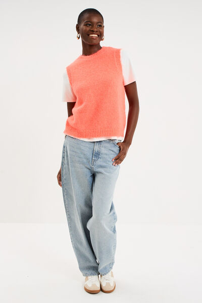 Pull sans manches col rond rose fluo femme