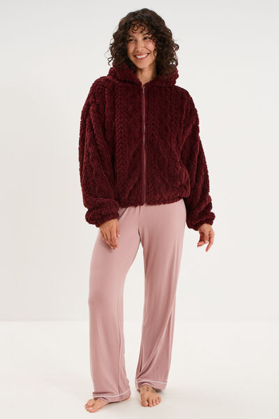 Veste fausse fourrure &agrave; capuche prune femme