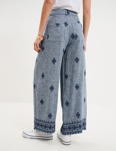 Pantalon large brod&eacute; bleu fonc&eacute; femme
