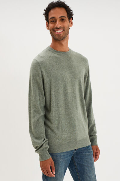 Pull col rond manches longues vert kaki homme