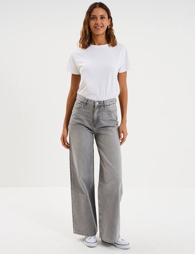 Jean large taille haute coton denim gris femme