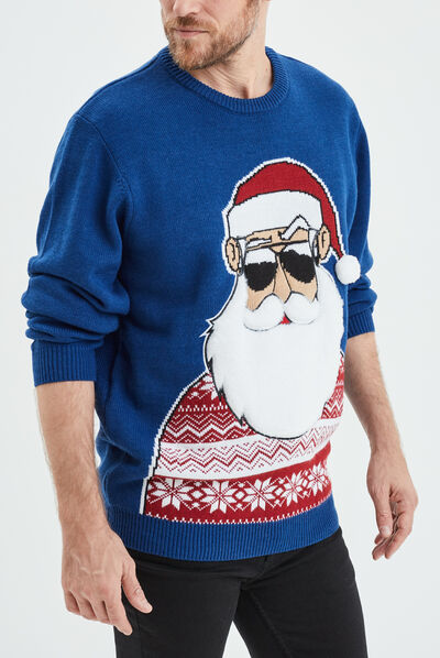 Pull Père-Noël col rond avec pompon bleu homme