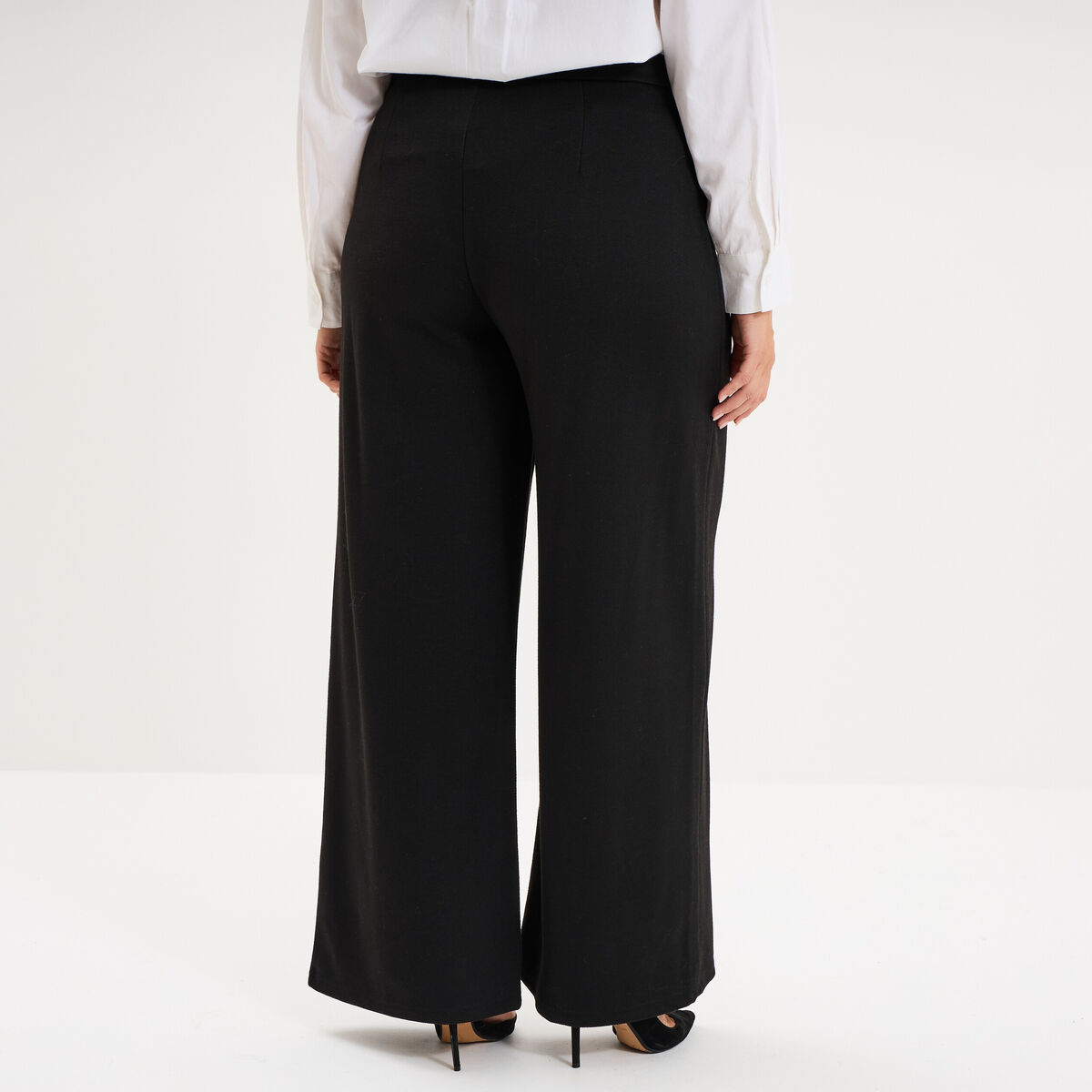 Pantalon city taille haute large boucle noir femme grande taille