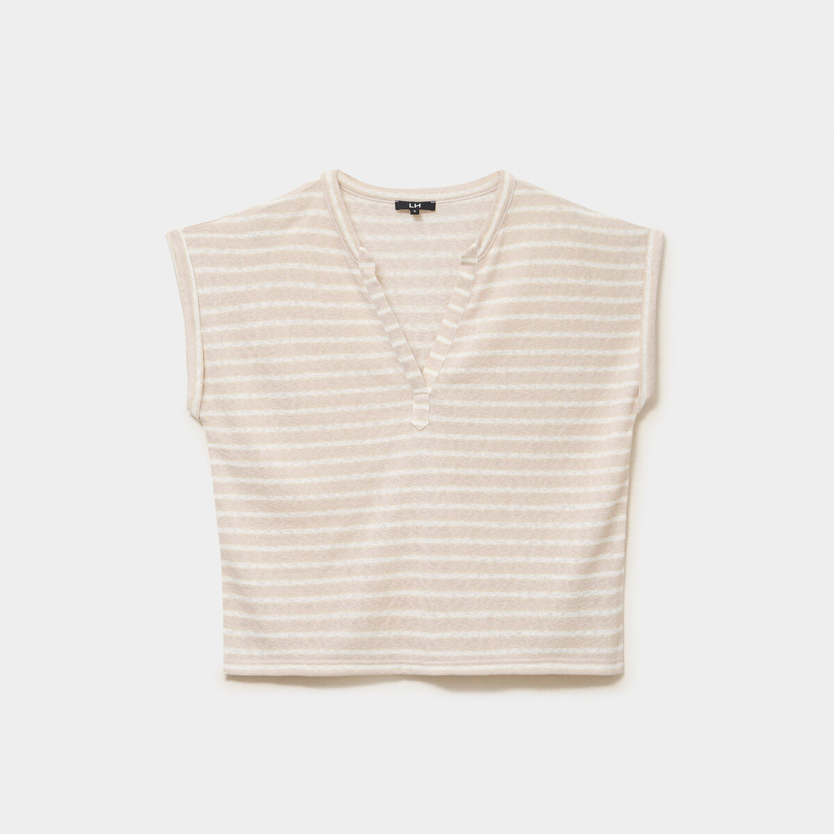 T-shirt col tunisien manches courtes beige clair femme