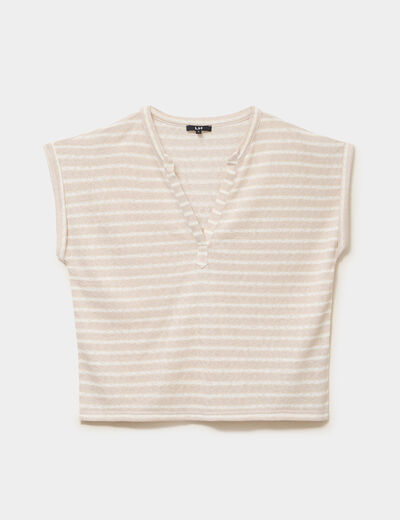 T-shirt col tunisien manches courtes beige clair femme