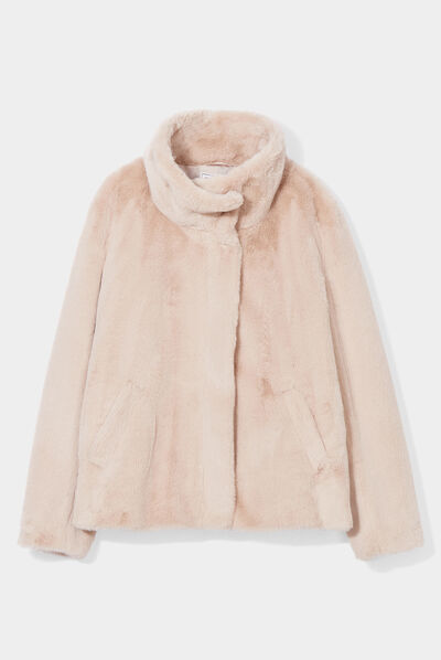 Veste imitation fourrure col montant beige femme