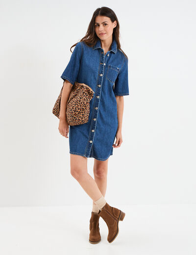 Robe chemise manches courtes en jean denim stone femme