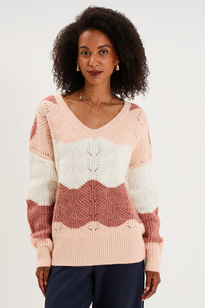 Pull col V ajour&eacute; manches longues rose clair femme