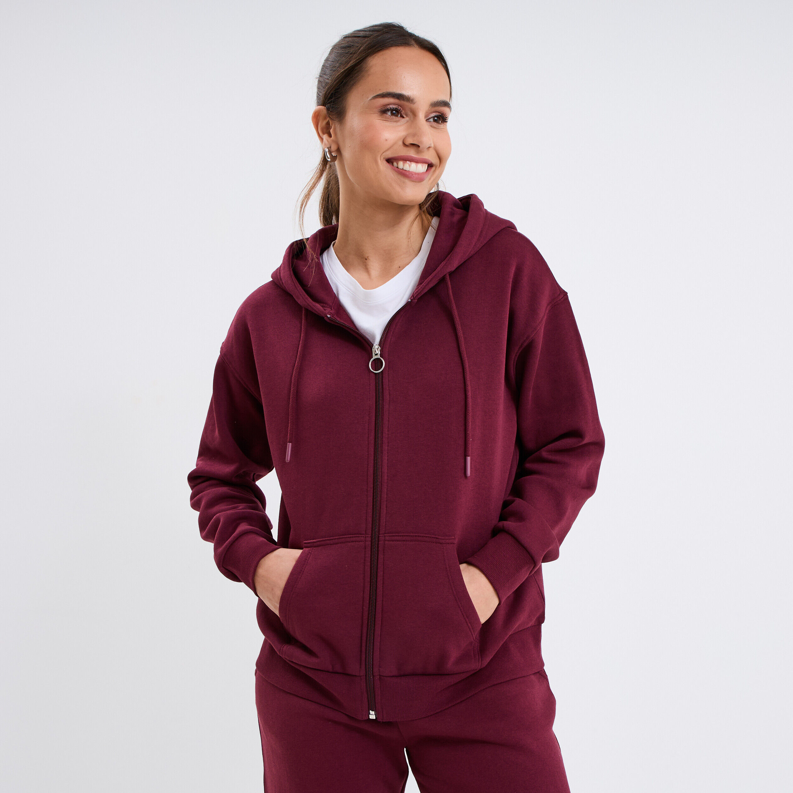 Sweat zippé à capuche molleton bordeaux femme LH
