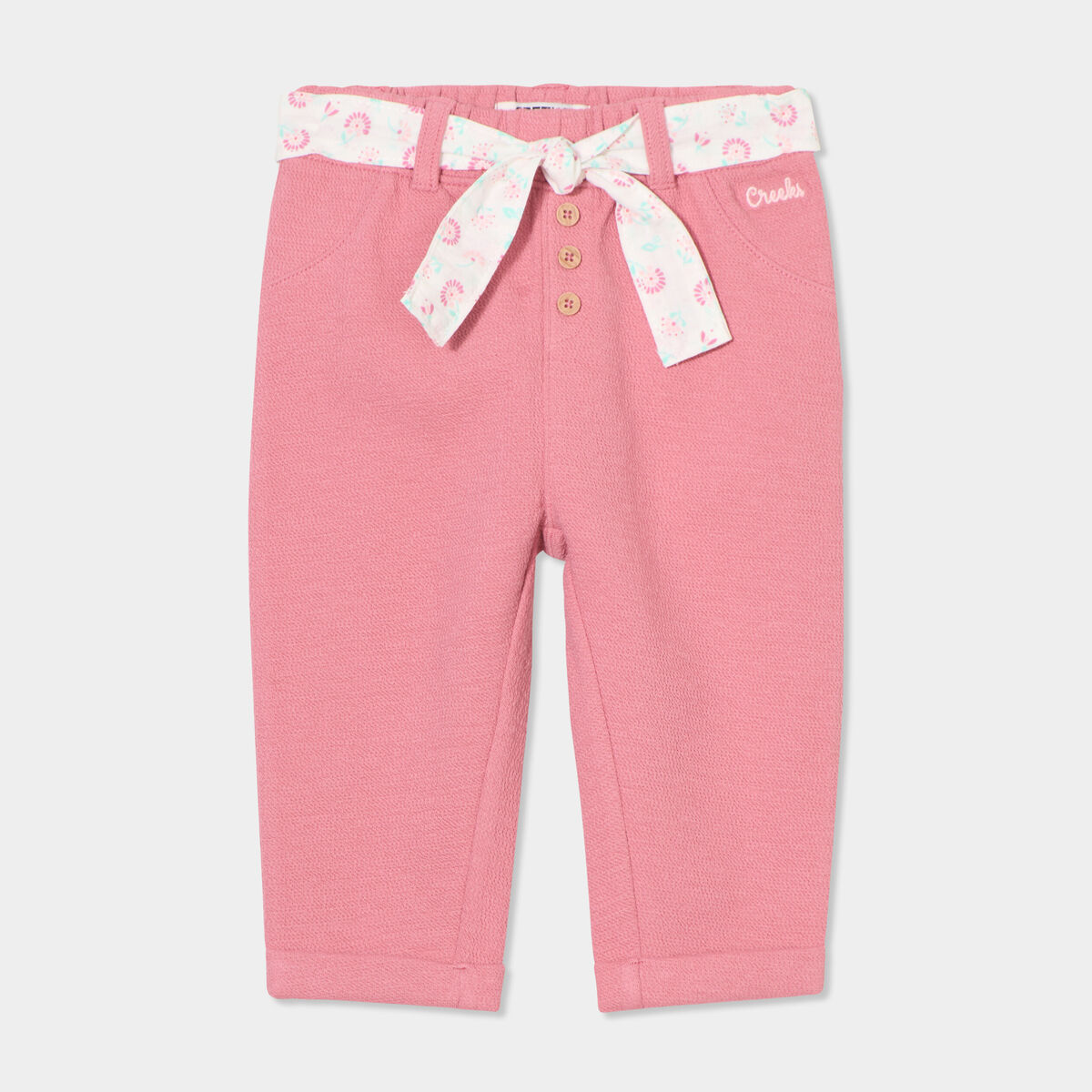 Pantalon cigarette en maille &agrave; ceinture vieux rose b&eacute;b&eacute; fille