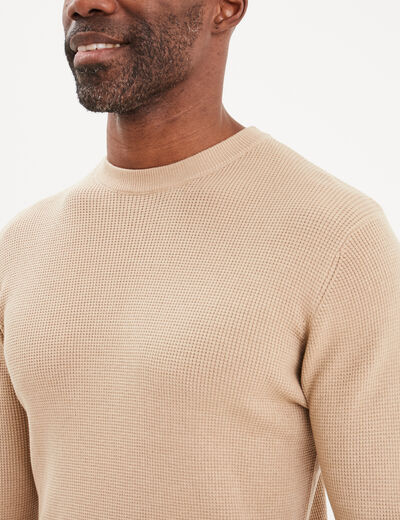 Pull en maille textur&eacute;e col rond beige homme