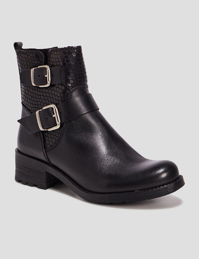 Bottines en cuir semelle crant&eacute;e noir femme