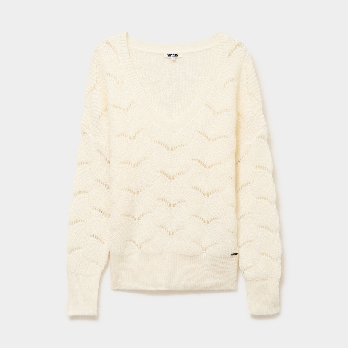 Pull ajouré col en V manches longues blanc femme La Halle