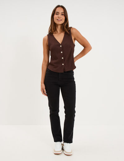 Veston gaufr&eacute; ajust&eacute; boutonn&eacute; col en V marron fonc&eacute; femme