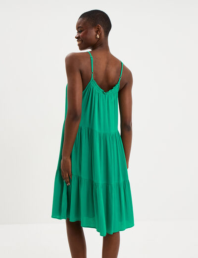 Robe fluide &agrave; volants fines bretelles vert canard femme