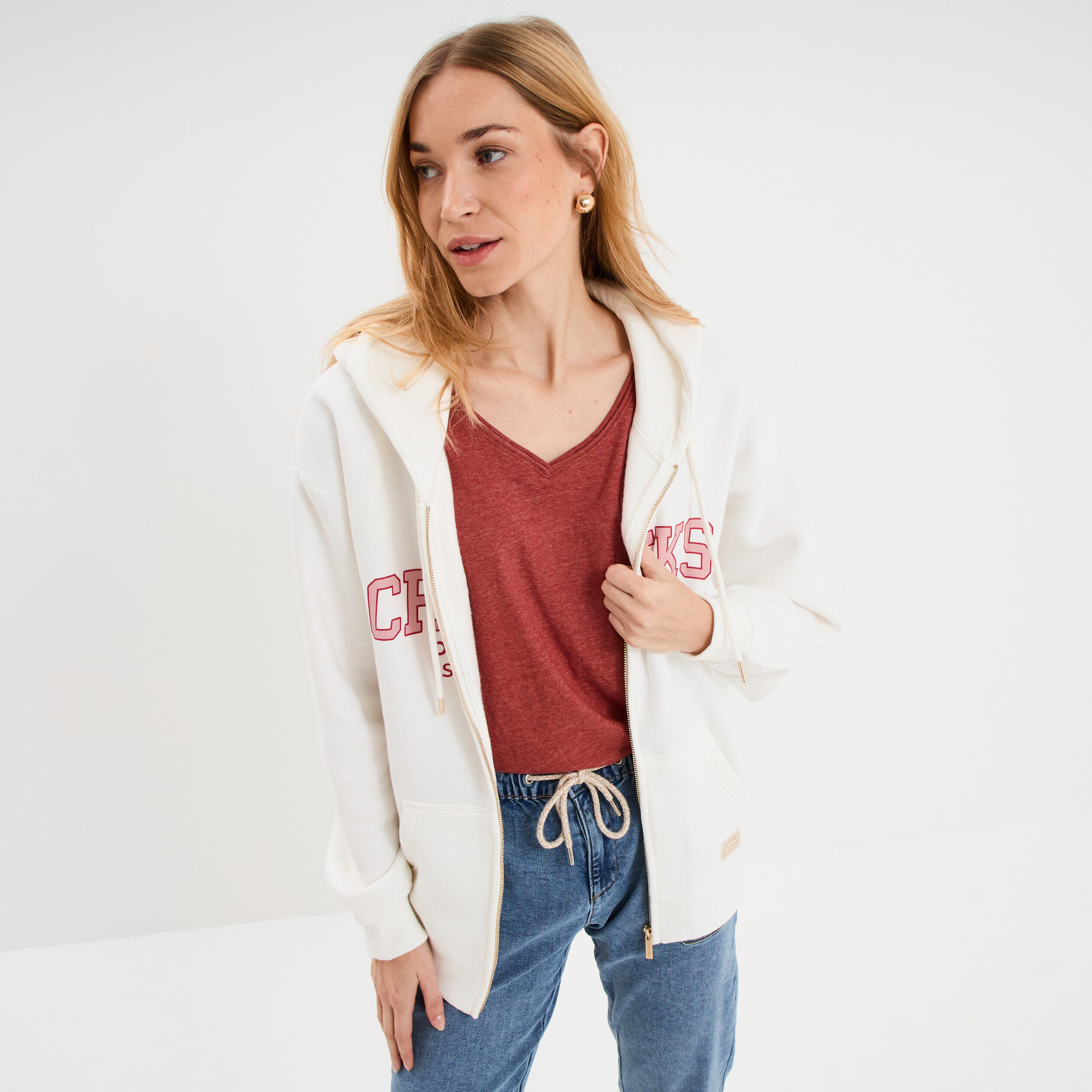 Sweat zippé à capuche blanc femme CREEKS