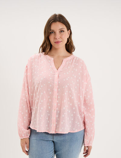 Blouse brod&eacute;e manches ballons rose femme grande taille
