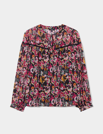 Blouse crêpe col cordons à nouer noir femme