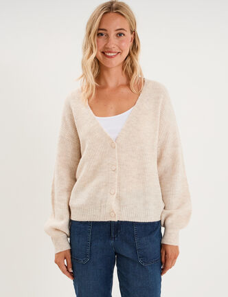 Gilet col en V manches longues ballon ecru femme