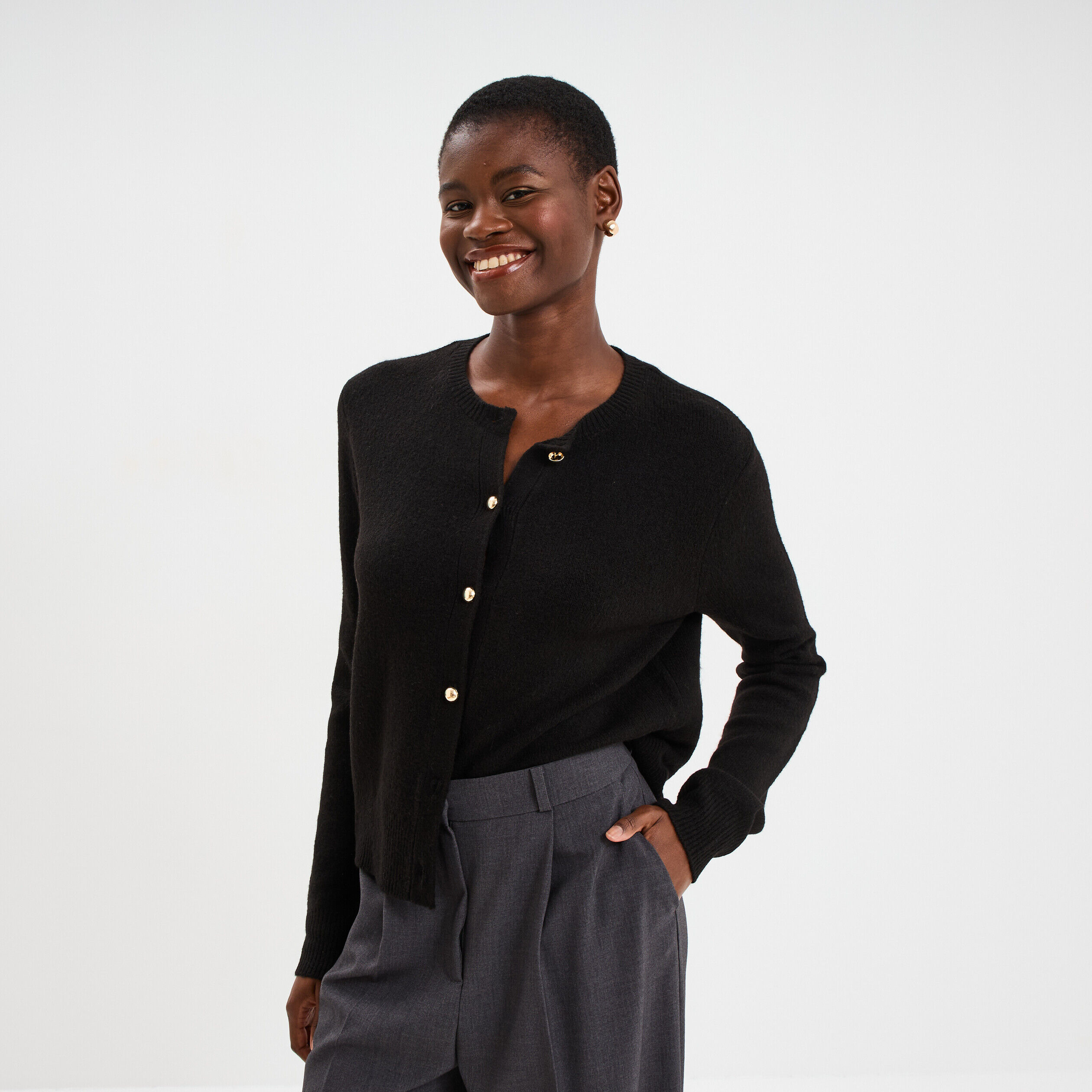 Gilet col rond manches longues noir femme LH