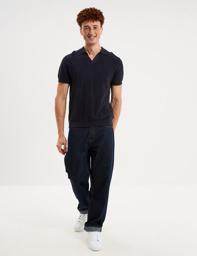 Polo manches courtes textur&eacute; coton bleu marine homme