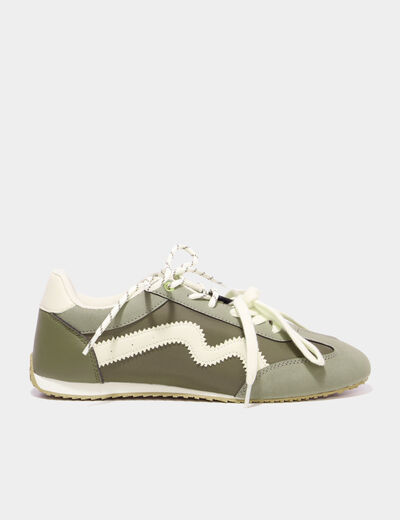 Baskets &agrave; lacets doubles semelle fine vert kaki femme