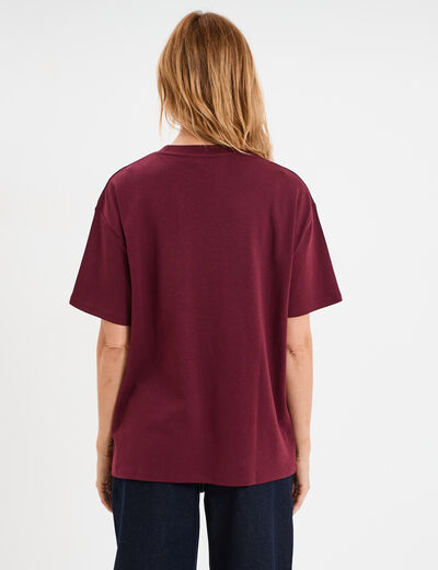 T-shirt col rond manches courtes coton bordeaux femme